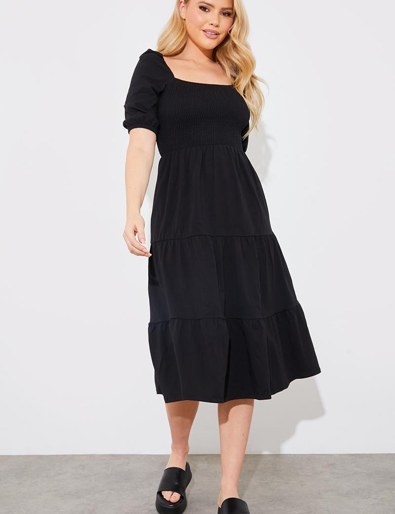 Tiered Puff Sleeve Midi Dress