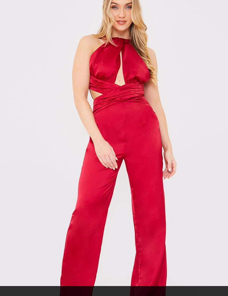 Satin Cut Out Detail Wide Leg Jumpsuit