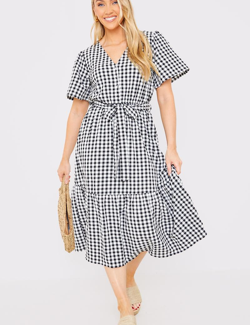 Gingham Button Down Tiered Midi Dress