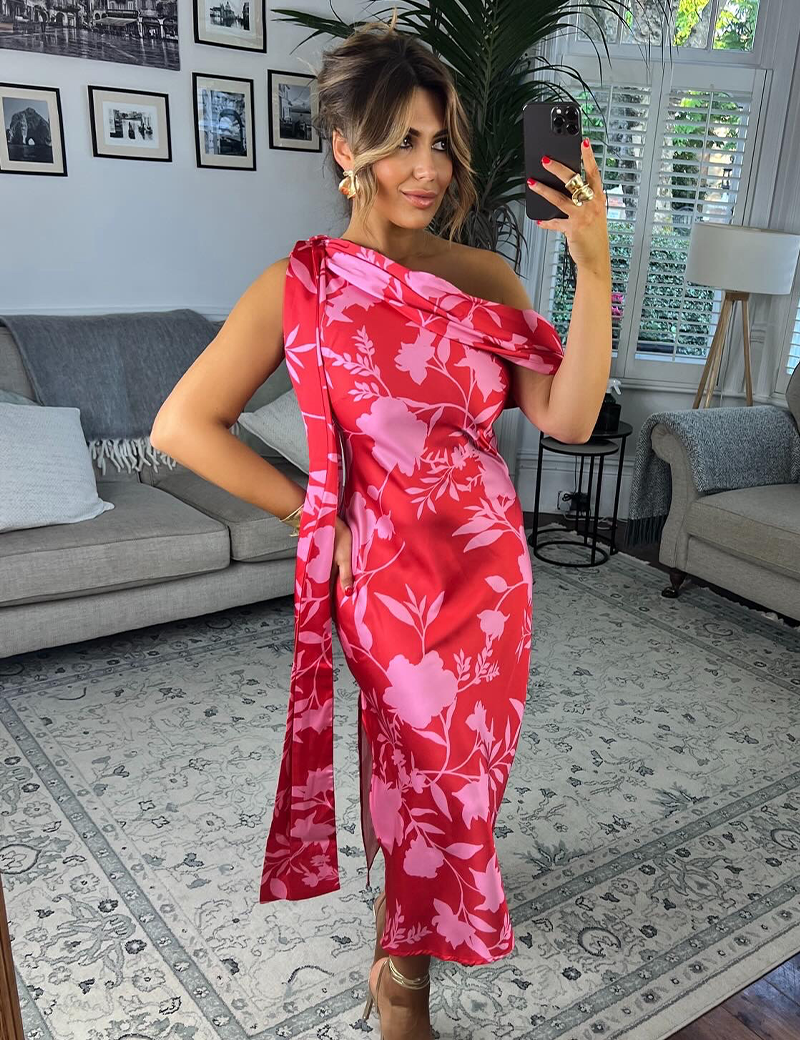 Floral Satin Asymmetric Draped Neckline Midi Dress