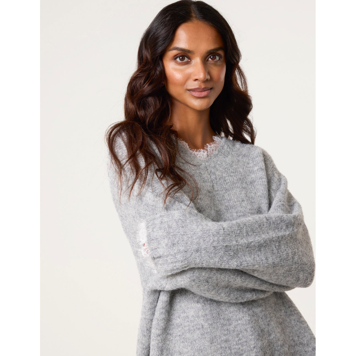 Lace Trim V Neck Jumper