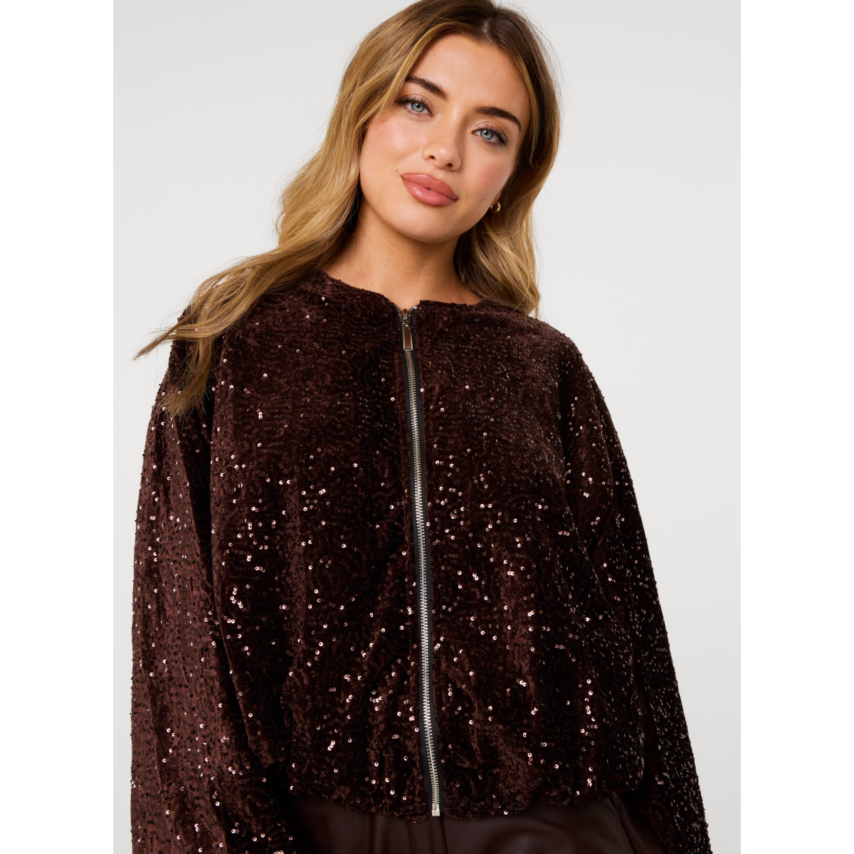 Velvet Sequin Puffball Zipper Jacket