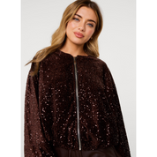 Velvet Sequin Puffball Zipper Jacket