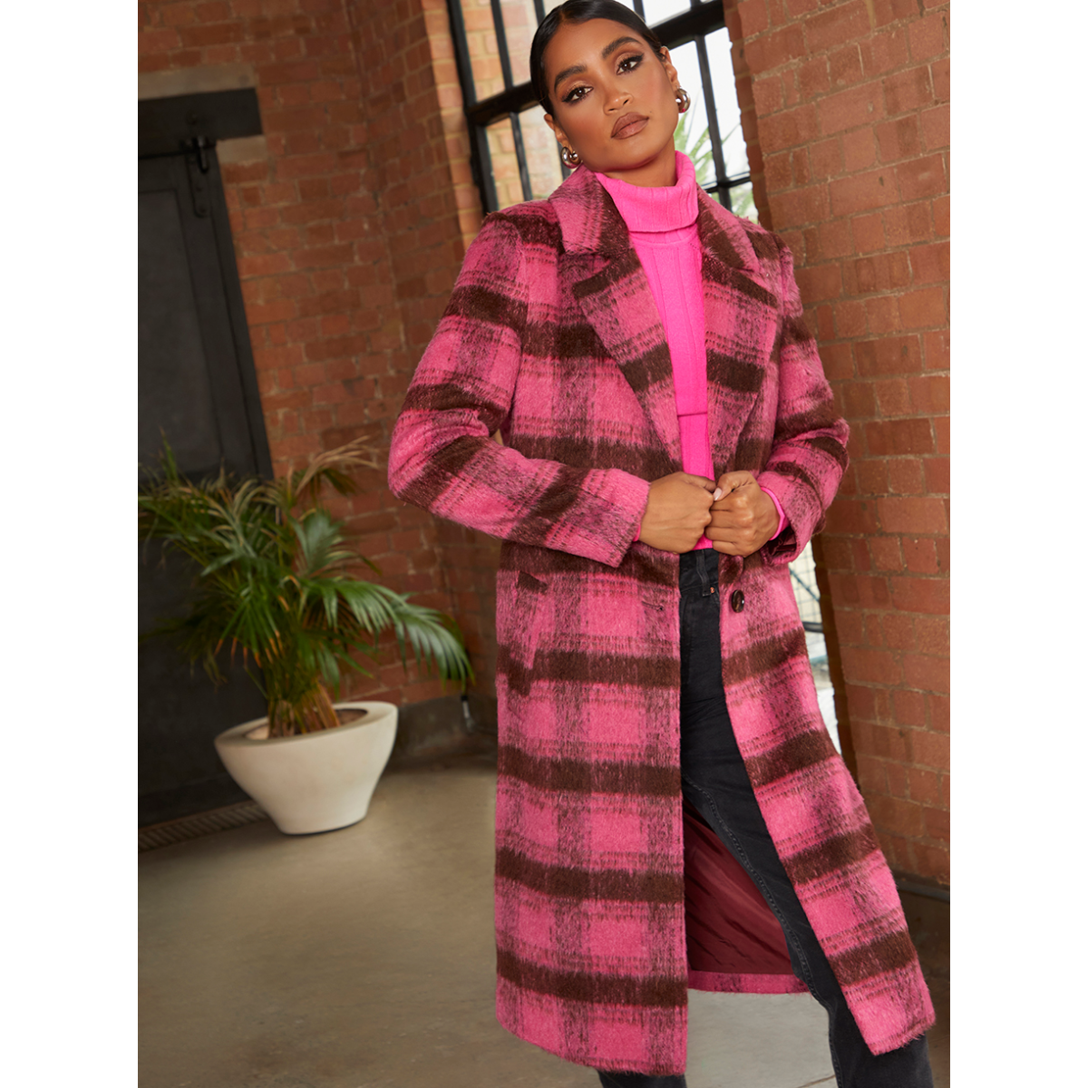 Chi Chi London Single Breasted Check Coat in Pink