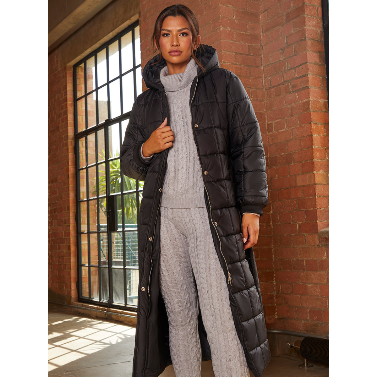 Chi Chi London Check Padded Longline Belted Coat in Black