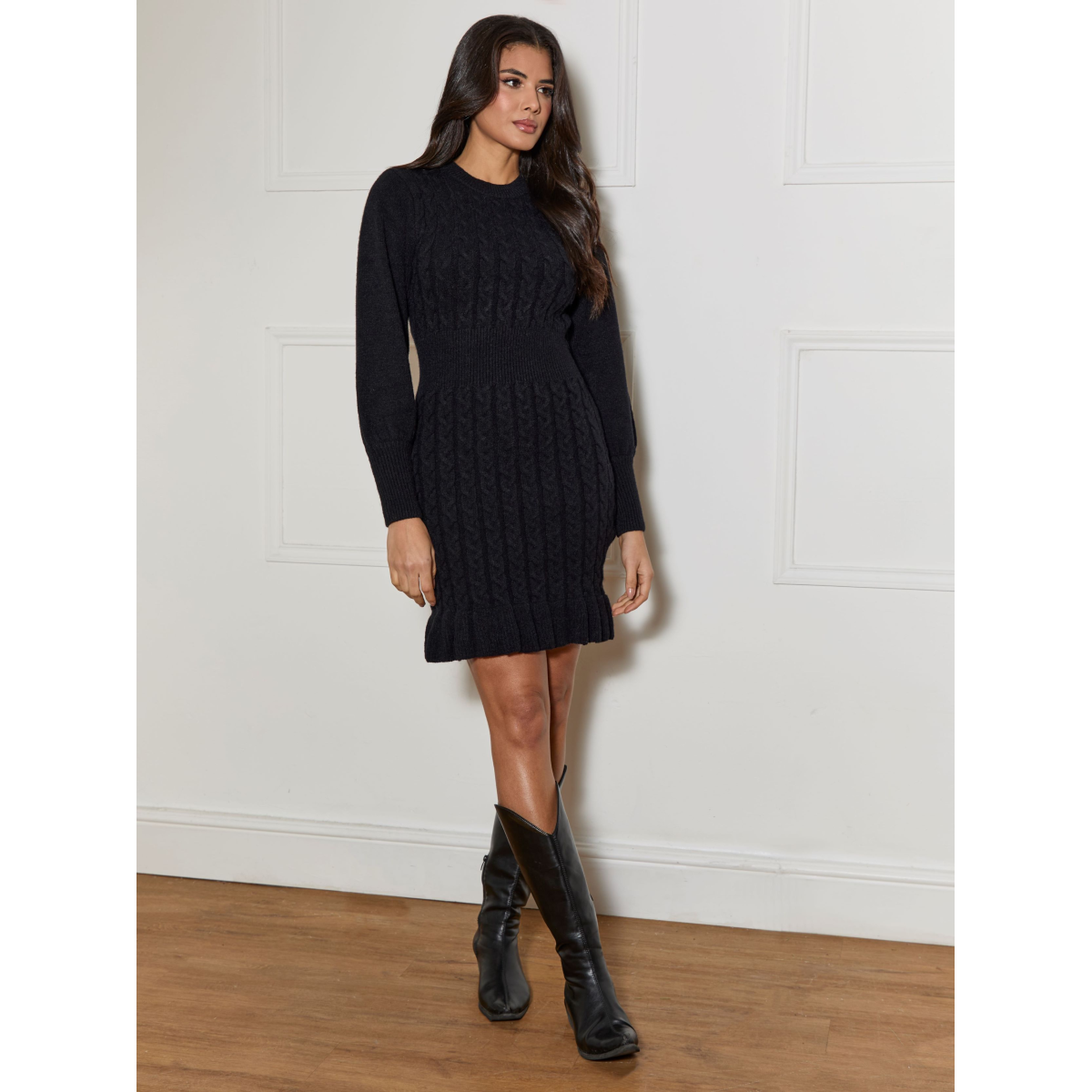 Chi Chi London Balloon Sleeve Cable Knit Mini Jumper Dress in Black