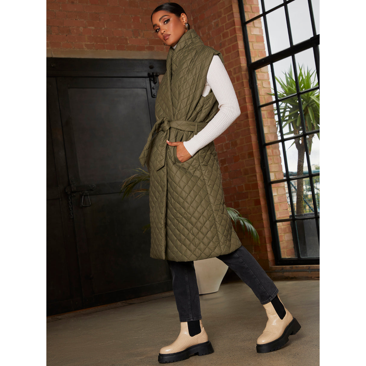 Chi Chi London Diamond Quilted Longline Belted Gilet in Khaki