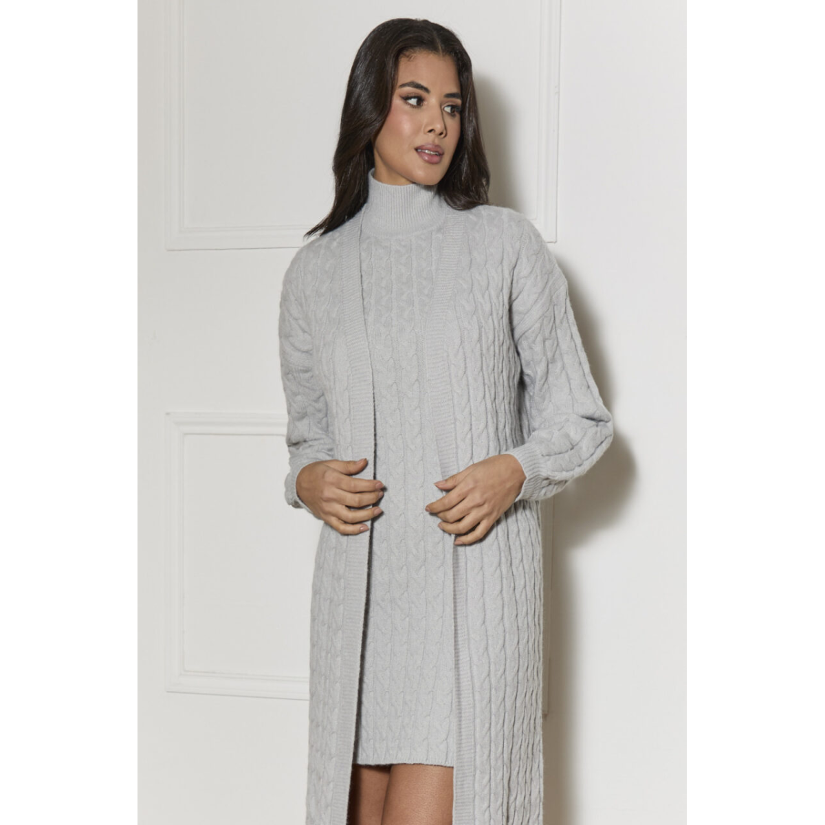 Chi Chi London All-Over Knitted Cable Longline Cardigan in Grey