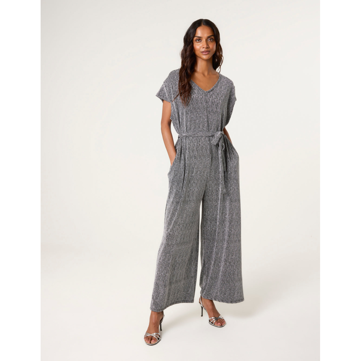 Metallic V Neck Jumpsuit