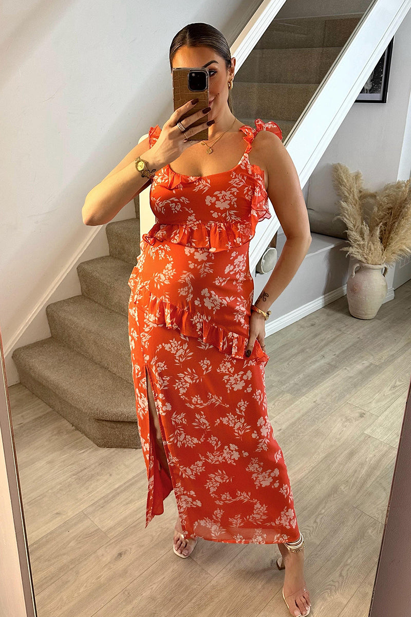 Coral Floral Print Chiffon Frill Detail Maxi Dress