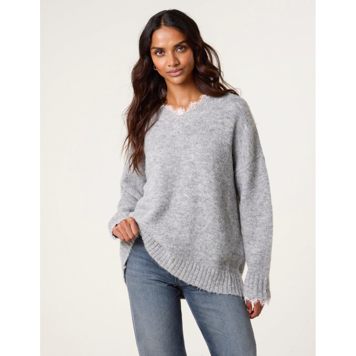 Lace Trim V Neck Jumper