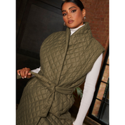 Chi Chi London Diamond Quilted Longline Belted Gilet in Khaki