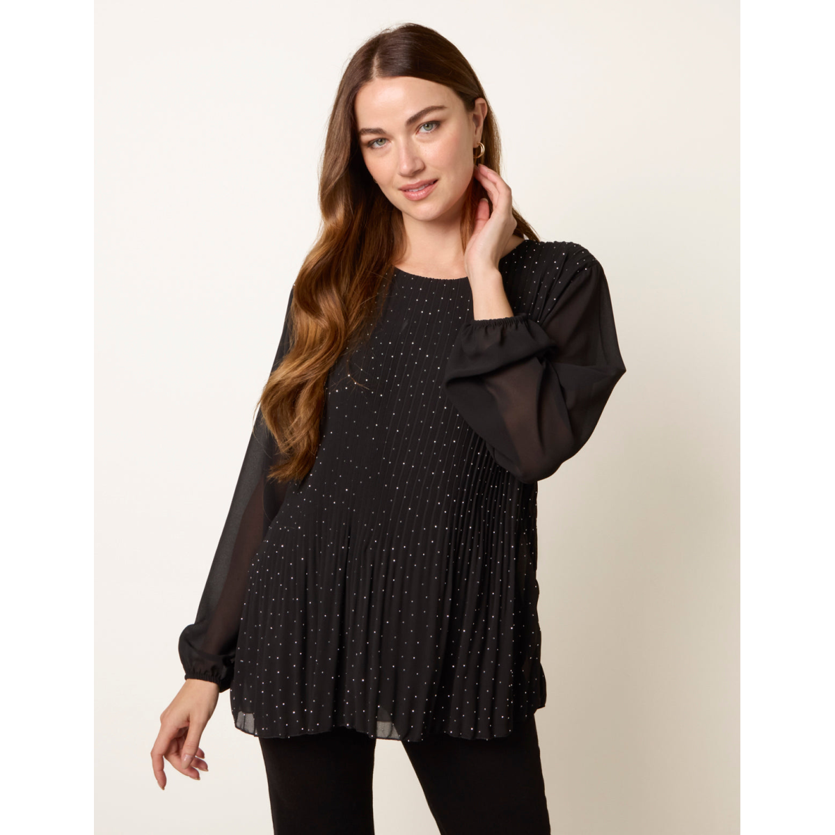 Rhinestone Pleated Chiffon Top