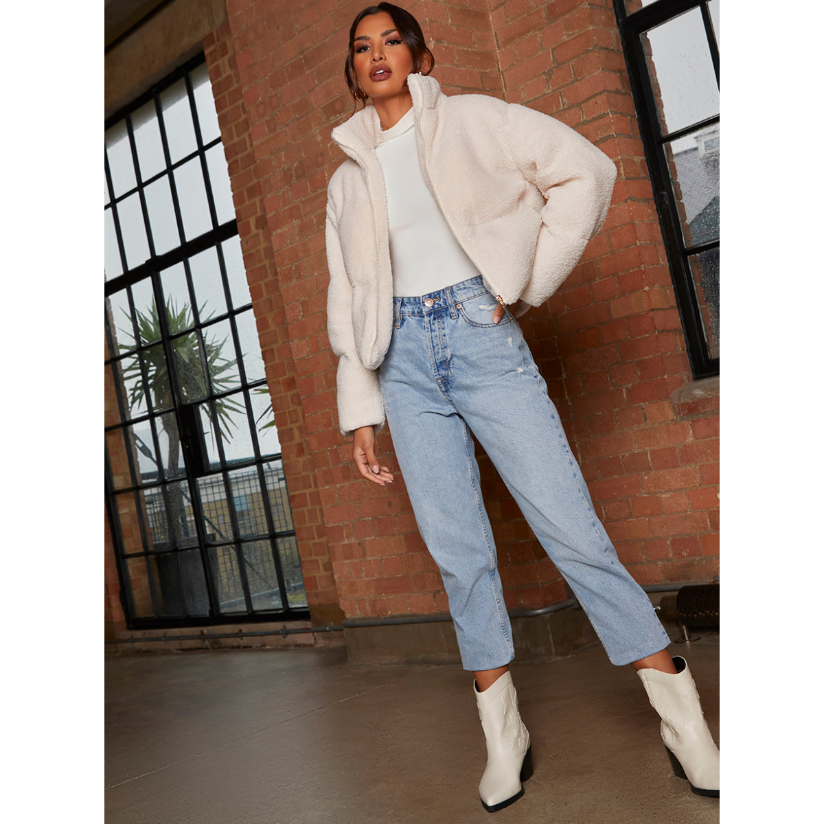 Chi Chi London Short Padded Borg Coat in Cream