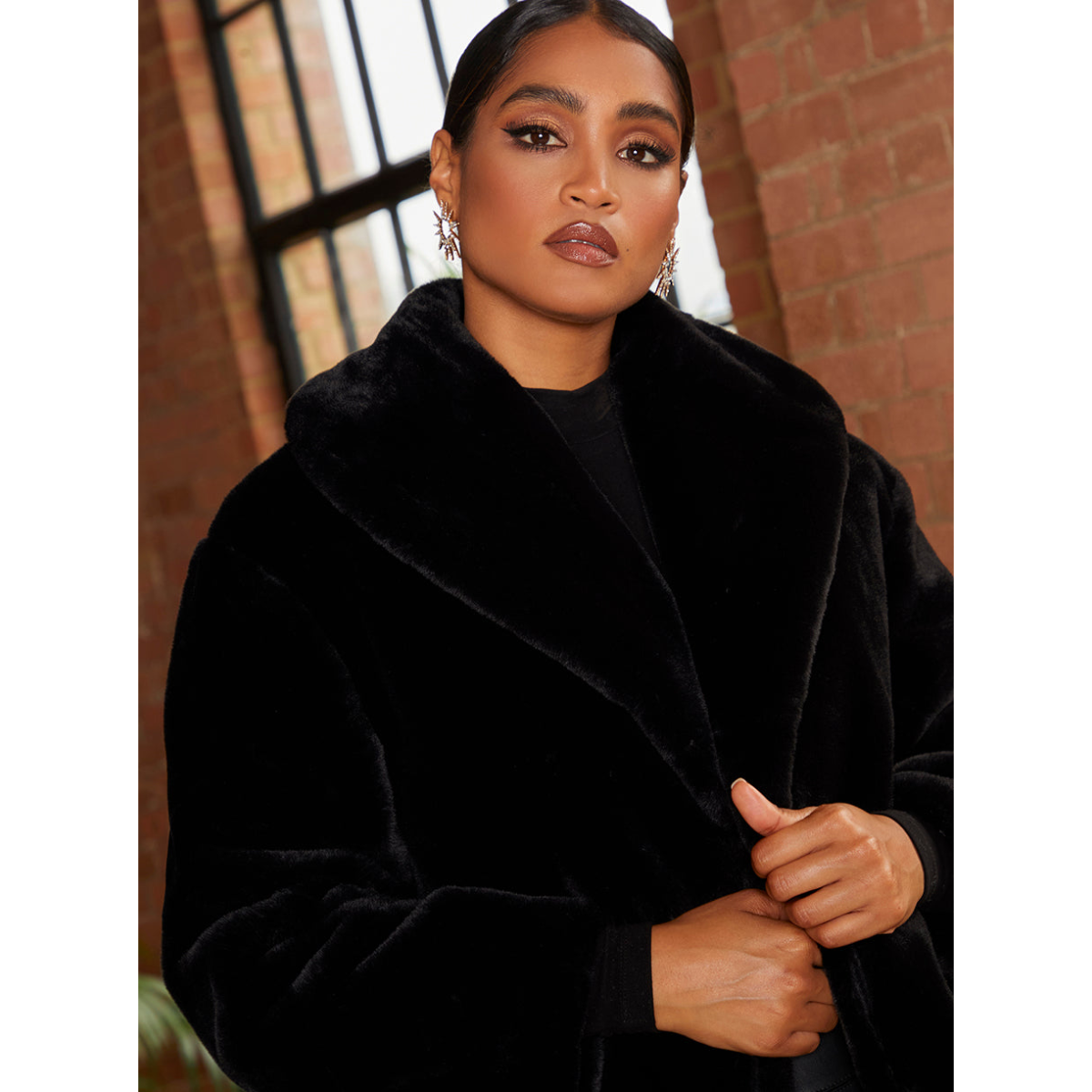 Chi Chi London Plush Faux Fur Coat in Black