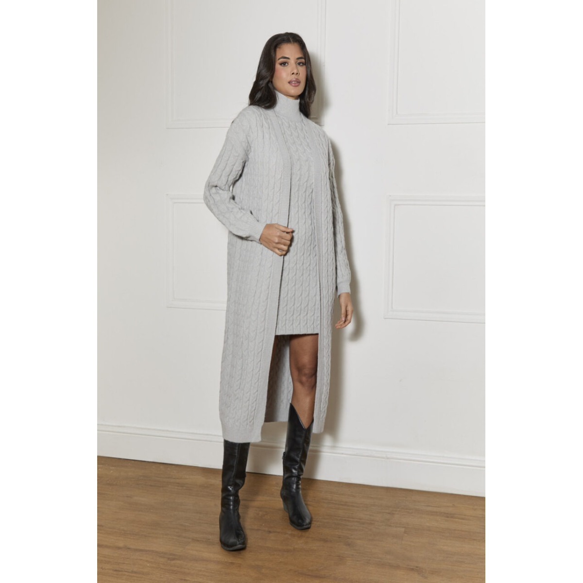 Chi Chi London All-Over Knitted Cable Longline Cardigan in Grey