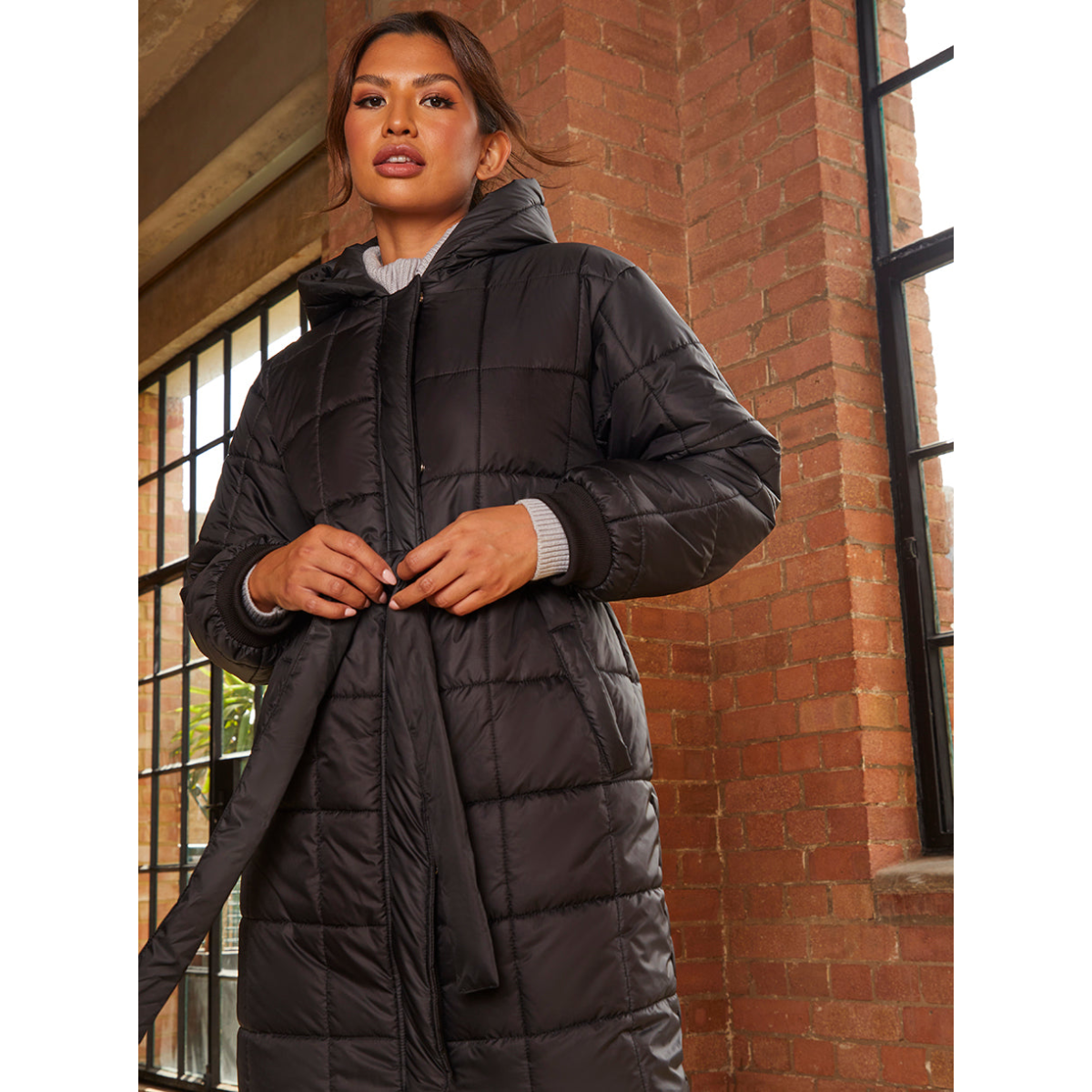 Chi Chi London Check Padded Longline Belted Coat in Black