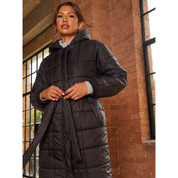Chi Chi London Check Padded Longline Belted Coat in Black