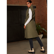 Chi Chi London Diamond Quilted Longline Belted Gilet in Khaki