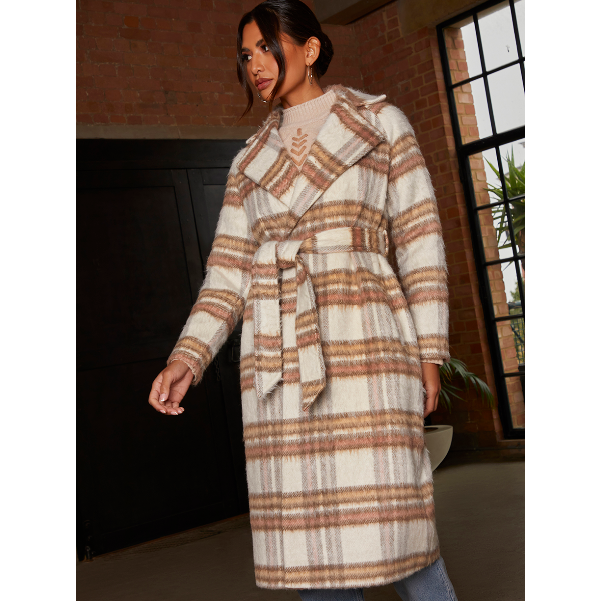 Chi Chi London Check Wrap Tie Waist Coat in Cream