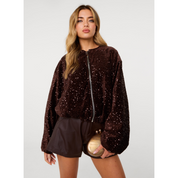 Velvet Sequin Puffball Zipper Jacket