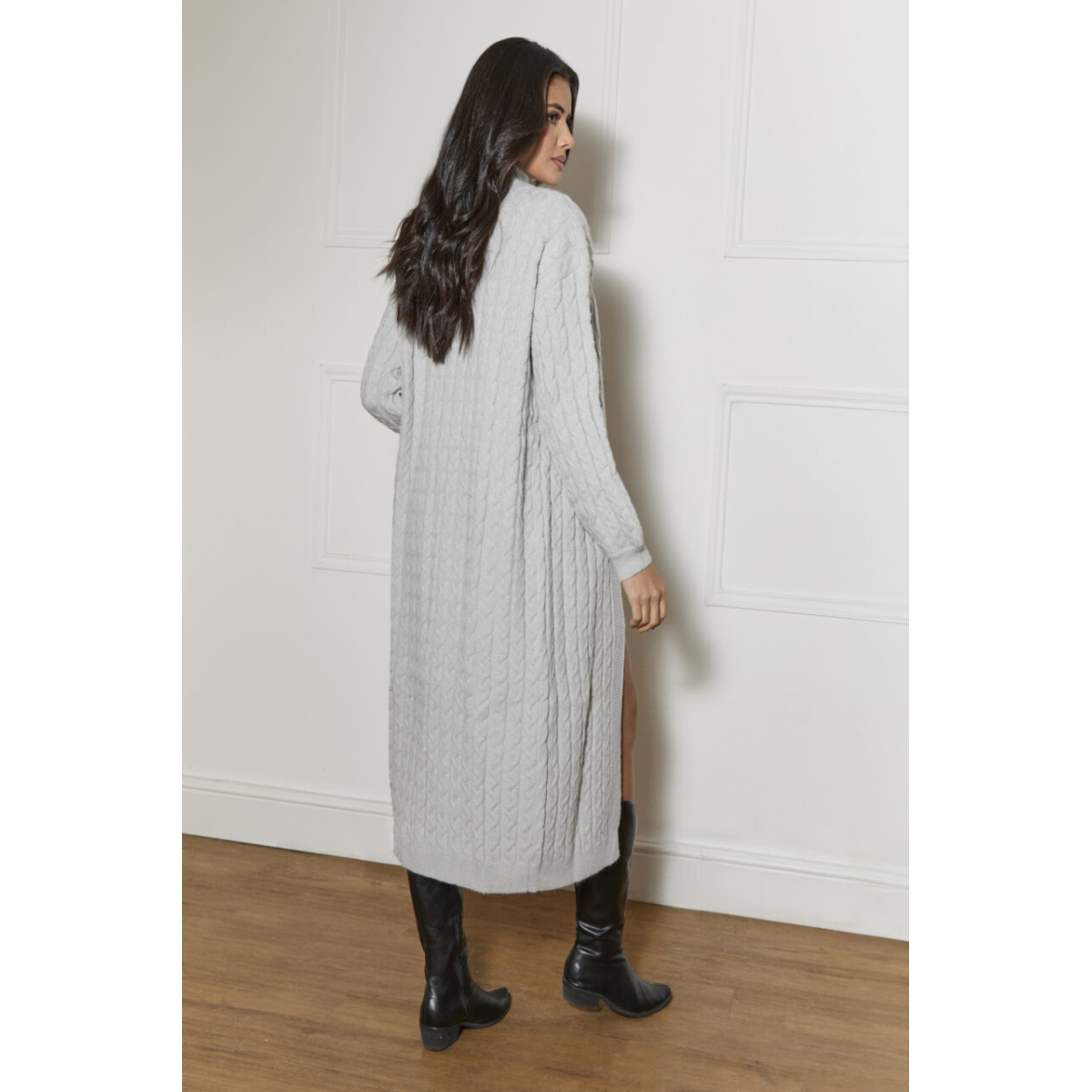 Chi Chi London All-Over Knitted Cable Longline Cardigan in Grey