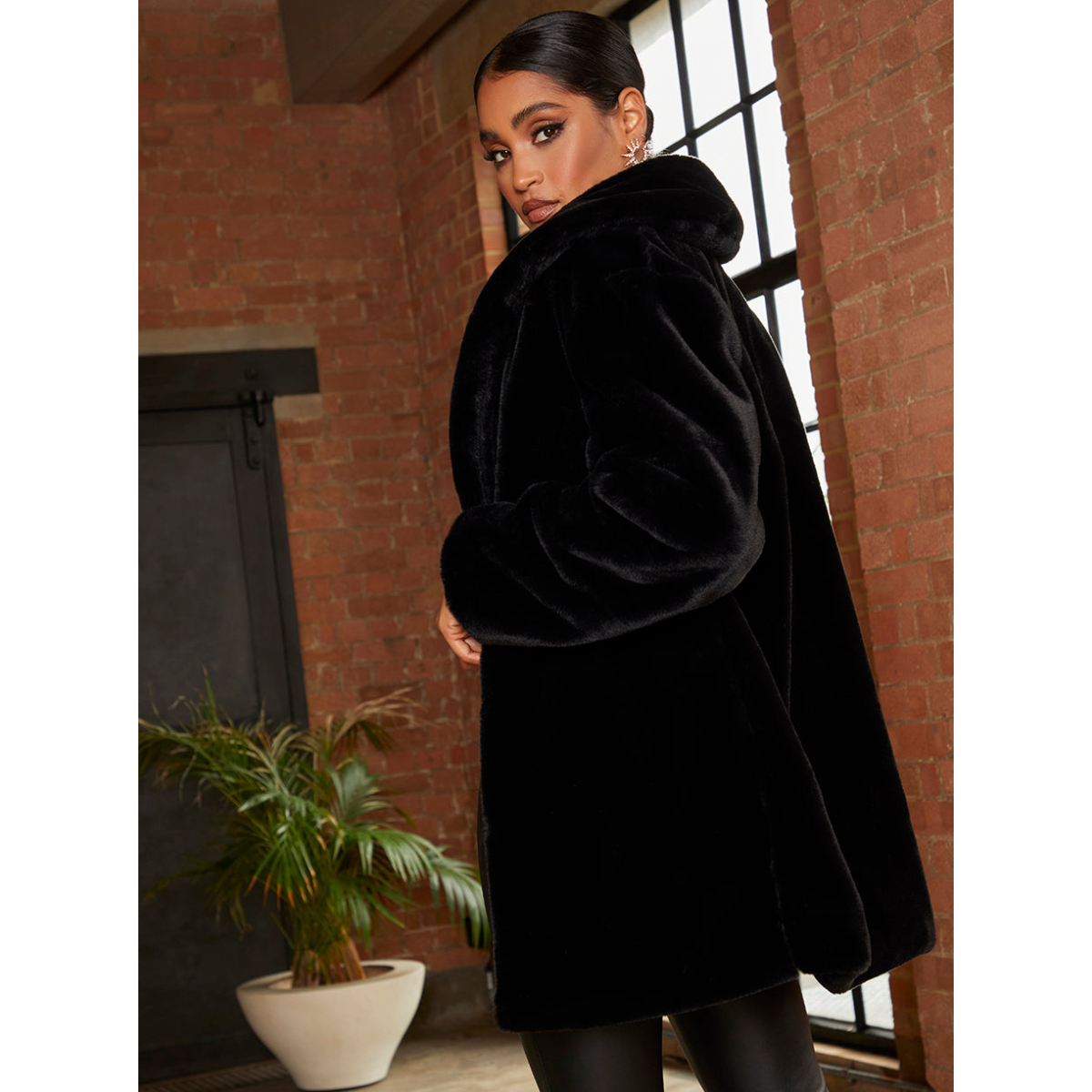 Chi Chi London Plush Faux Fur Coat in Black