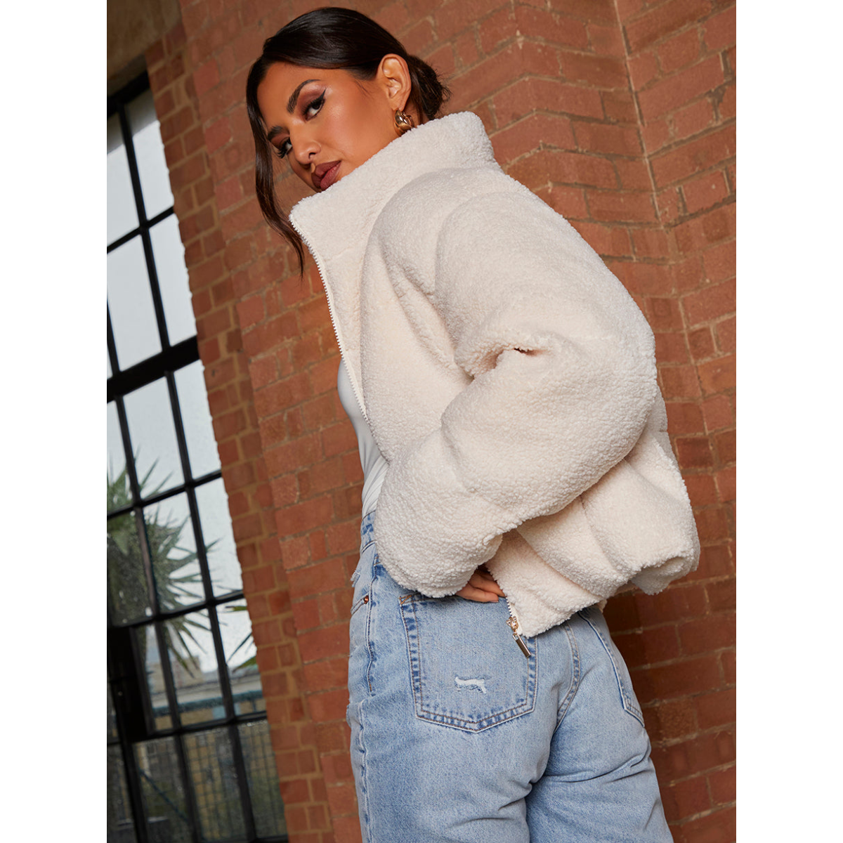 Chi Chi London Short Padded Borg Coat in Cream