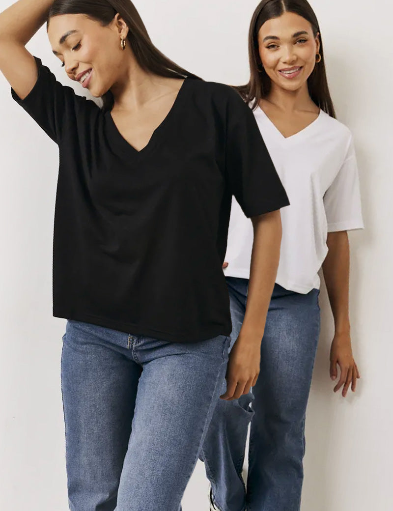 Black and White 2 Pack Slouchy V-Neck T-Shirt