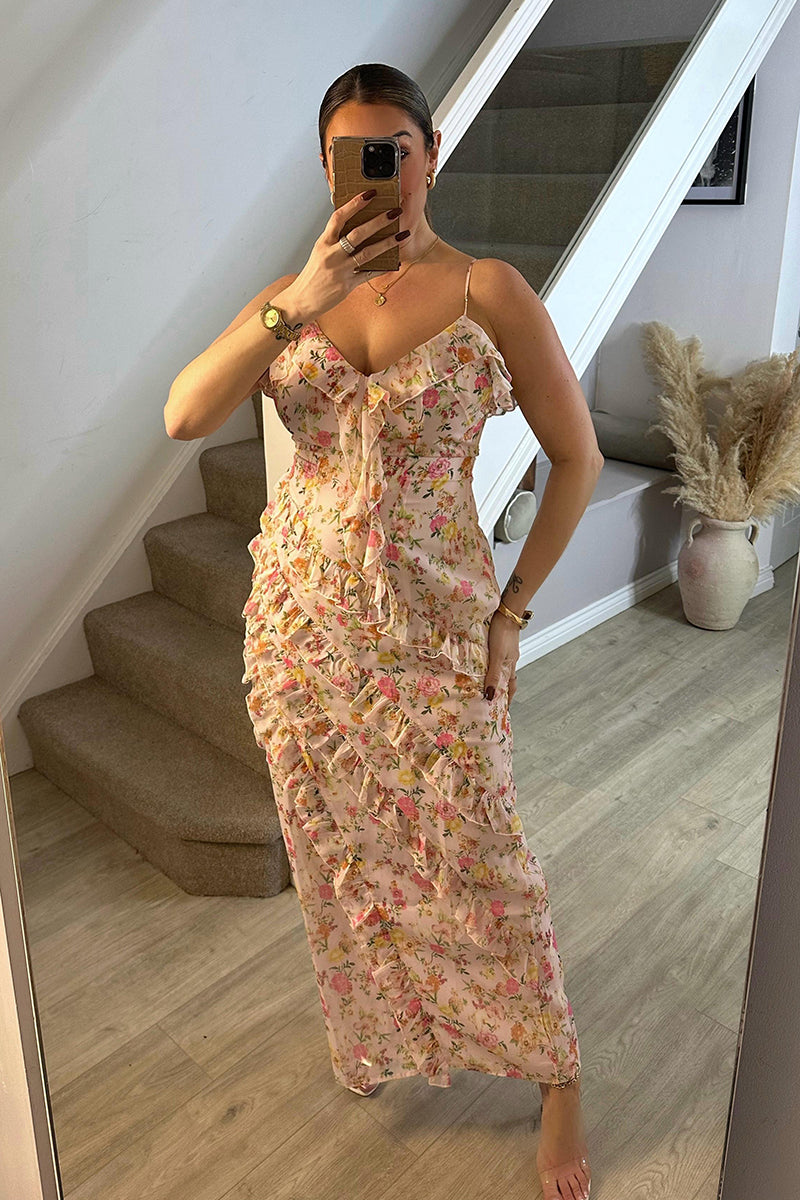 Pink Floral Frill Detail Maxi Dress InTheStyle Pink Floral Frill Detail Maxi Dress InTheStyle