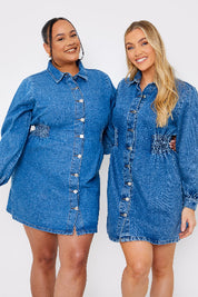 Shirred Waist Denim Shirt Dress
