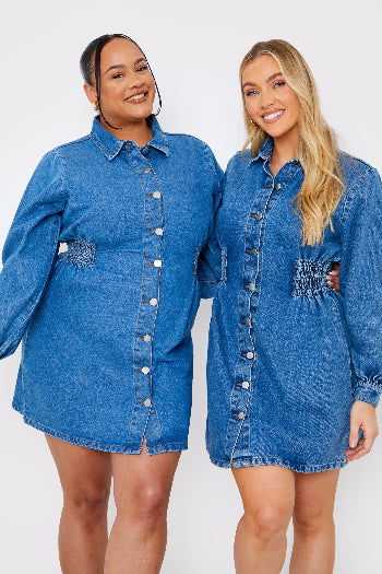 Shirred Waist Denim Shirt Dress