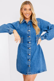 Shirred Waist Denim Shirt Dress