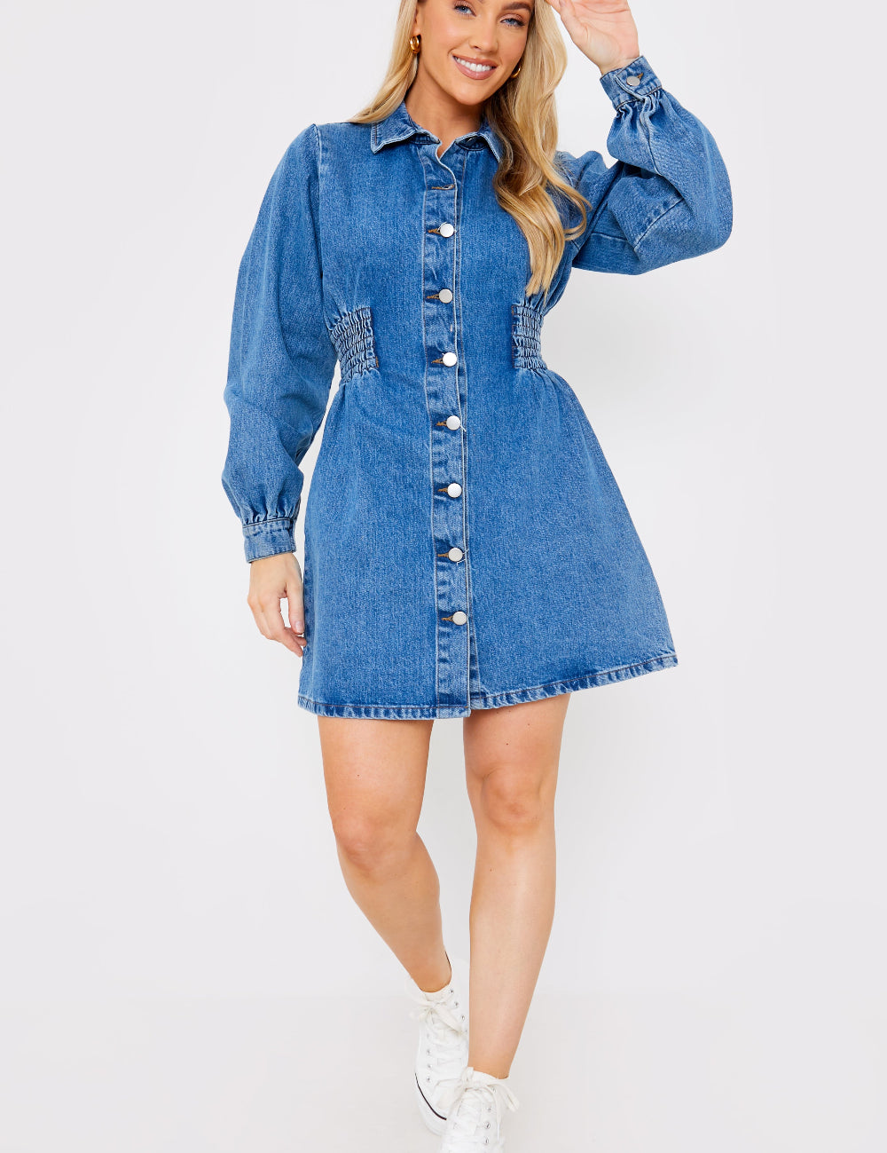 Shirred Waist Denim Shirt Dress