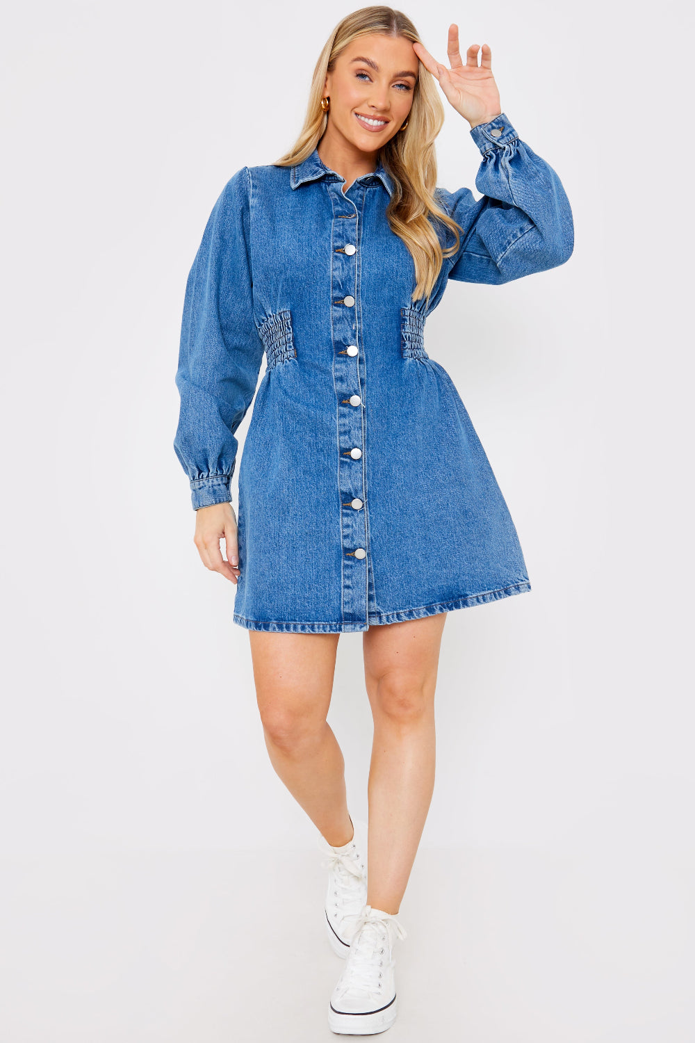 Shirred Waist Denim Shirt Dress