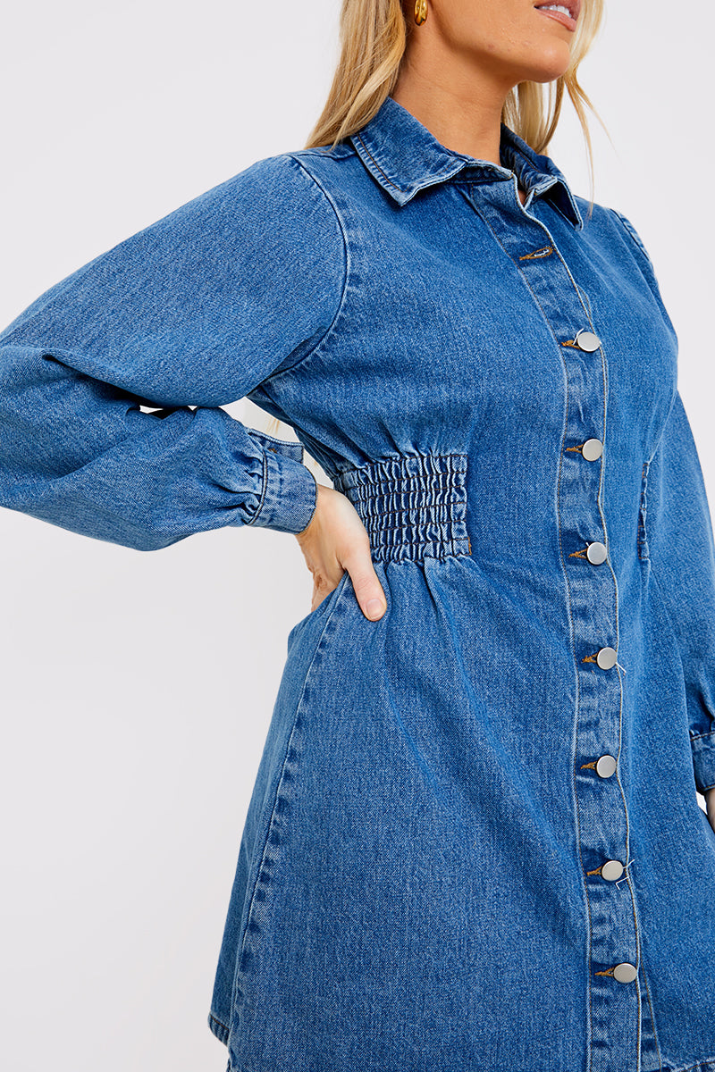 Shirred Waist Denim Shirt Dress