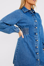 Shirred Waist Denim Shirt Dress