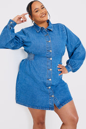 Shirred Waist Denim Shirt Dress