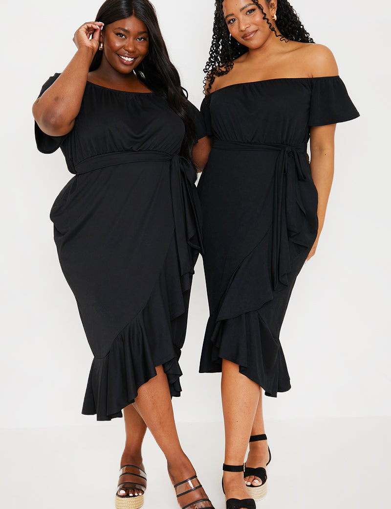 Frill Wrap Bardot Midi Dress