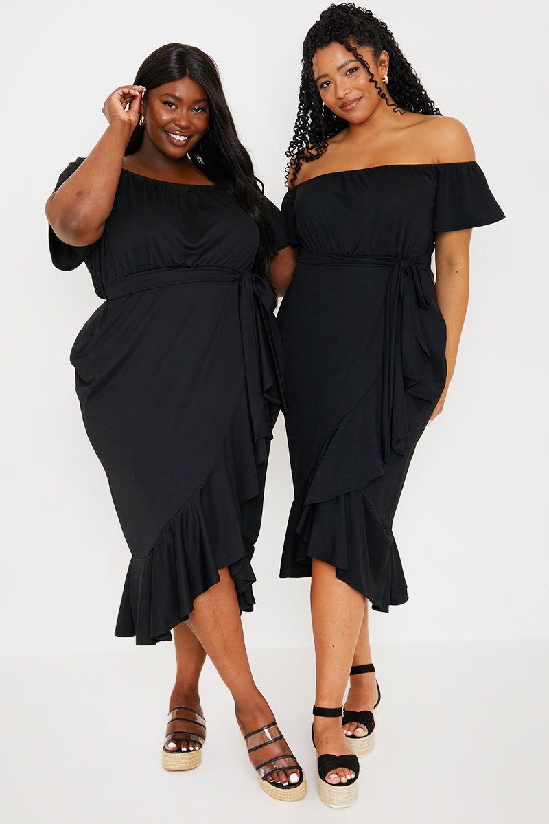 Frill Wrap Bardot Midi Dress