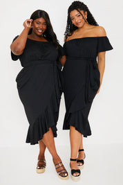 Frill Wrap Bardot Midi Dress