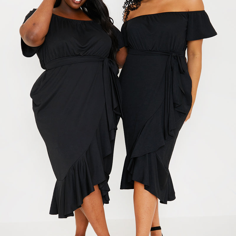 Frill Wrap Bardot Midi Dress
