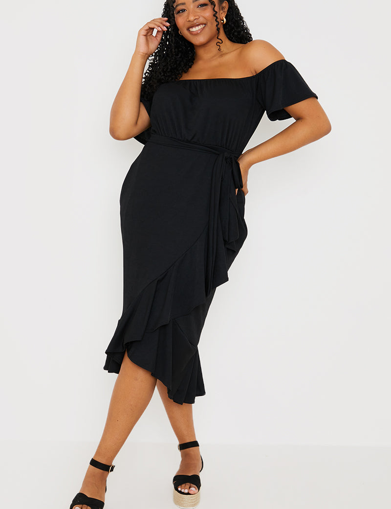 Frill Wrap Bardot Midi Dress