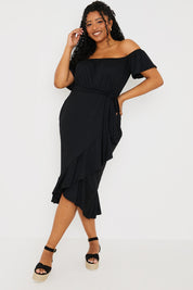 Frill Wrap Bardot Midi Dress