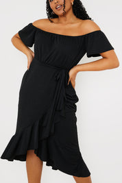 Frill Wrap Bardot Midi Dress