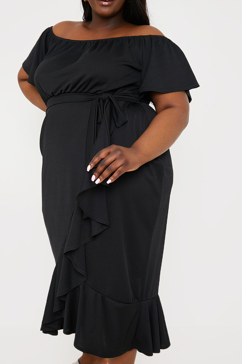 Frill Wrap Bardot Midi Dress