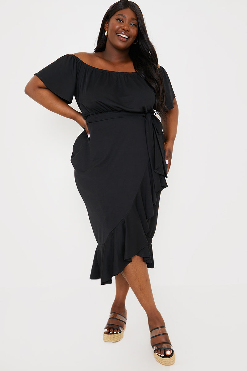 Frill Wrap Bardot Midi Dress