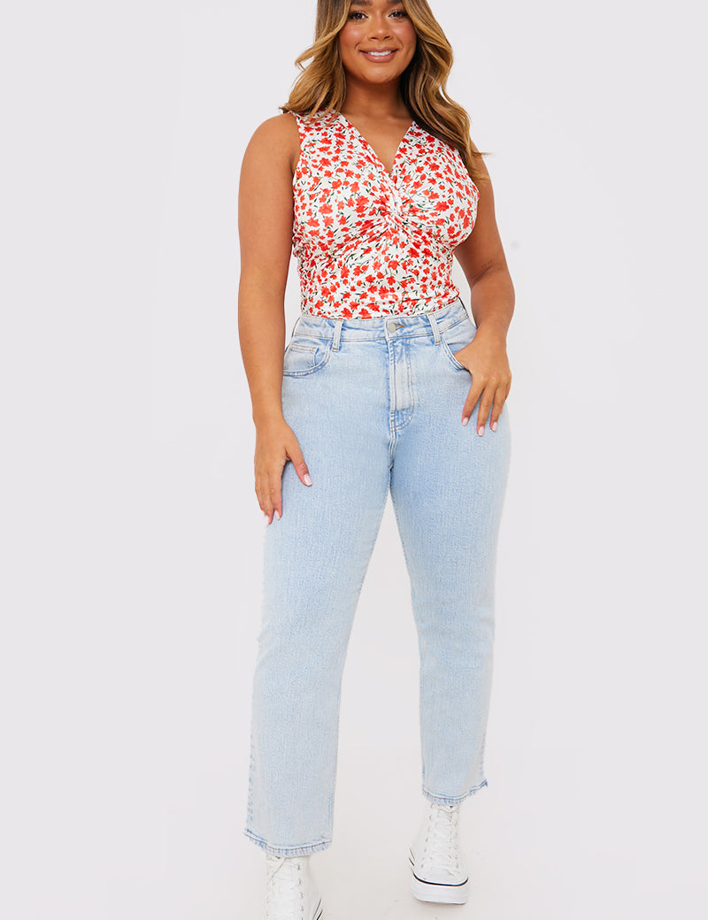 Floral Print Twist Front Sleeveless Bodysuit