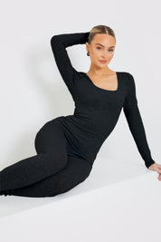Long Sleeve Embroidered Scoop Neck Unitard