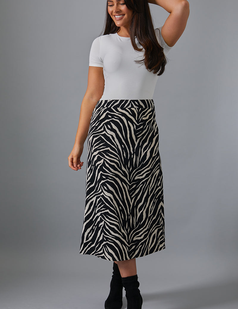 Zebra Print Satin Midi Skirt